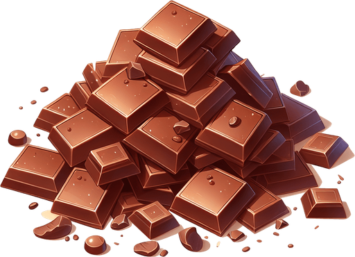 A pile of pieces of milk chocolate.
Single Game Texture. In-Game asset. 2d. Blank background. High contrast. No shadows.
