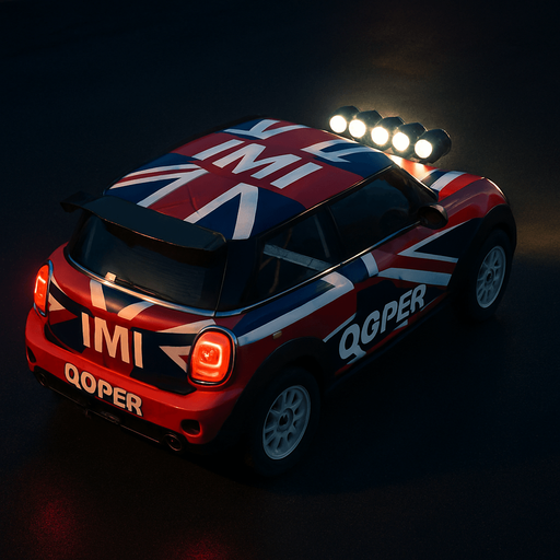 Photorealistic red MINI COOPER Rallycar with something like British flag livery in nightlight, drone topview from back and 45 degrees angle in top right corner. Replace MINI to IMI and Cooper too Qoper.