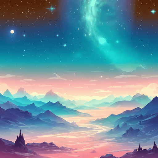 beautiful mountainous view. starry sky, pastel colours, high definition, alien world. Single Game Texture. In-Game asset. 2d. Blank background. High contrast. No shadows.