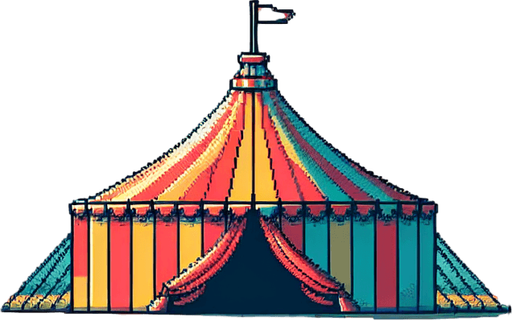 8 bit colorfull image about anime image of circus tent at city field.
Single Game Texture.  In-Game asset.  2d.  Blank background.  High contrast.  No shadows