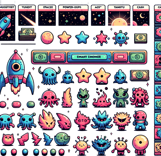 Spritesheet. Spaceships, spacemonsters, cash, powerups. Studio Ghibli. Ghibli style. Mobile game. Colorful. hand drawn. cute. fun. In-Game asset. 2d. Blank background. High contrast. No shadows..