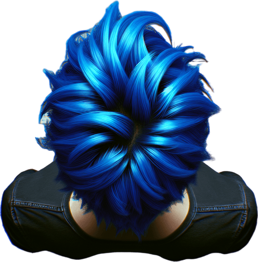 Une tête vue dessus avec des cheveux bleus.
video game