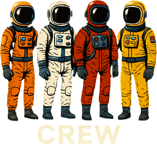 Uzay temalı Spaceship Crew, gerçekçi, Altında "crew" yazsın.
In-Game asset.  High contrast.  No shadows