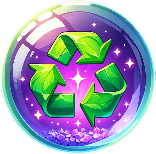 a bonus crystal ball with the recycle symbol.
Single Game Texture. In-Game asset. 2d. Blank background. High contrast. No shadows.