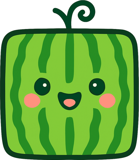 Perfectly square bright green waterlemon with cute happyy face. Cartoon style. Cute art style. Simple vector style. No Shadows