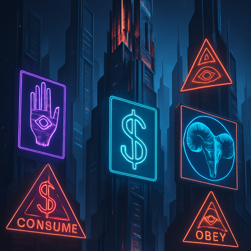 Neon cyberpunk skyscraper occult corporate logos-mixed with dark esoteric sigils capitalist subliminal commands 3d holograms billboards projections brutalist sleek architecture futuristic architecture multidimensional towering city spires glowing