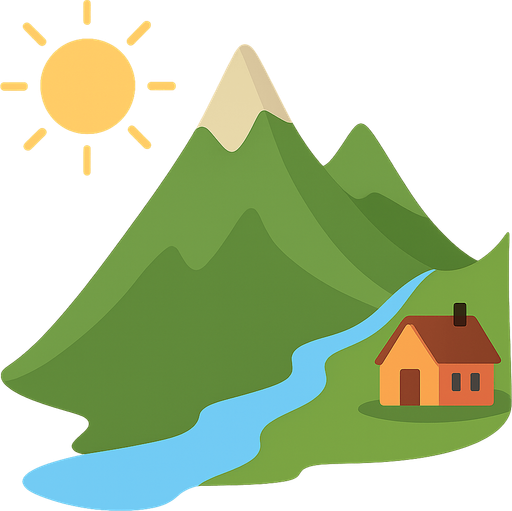 In the middle part, there are mountains, in the upper left corner, the sun, a river flowing from the mountain, and a house beside the river. No background. Transparent background. Blank background. No shadows. 2d. In-Game asset. flat
