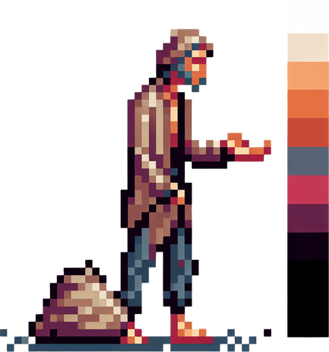 pixel art beggar.
Single Game Texture. In-Game asset. 2d. Blank background. High contrast. No shadows.
