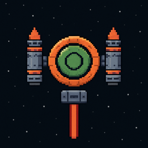 Модульный босс с телом круга рекетницами по бокам и лазером по середине все отдельно пиксельный вид сверху космос.
In-Game asset.  2d.  High contrast.  No shadows