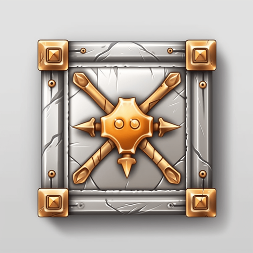 Single square button with bow and arrow on it. Metal button
Game Texture. In-Game asset. 2d. Pixelart. White background. Blank background. Low detail. High contrast.