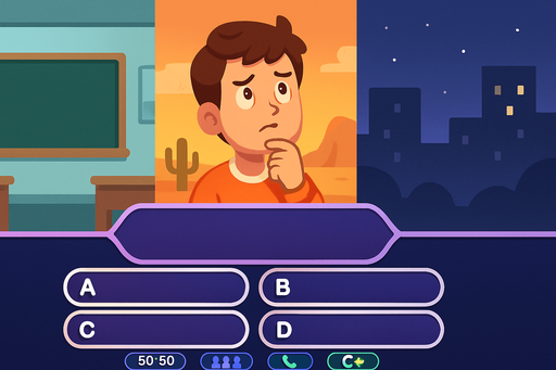 Fullscreen modern App Store landscape banner, 16:9, high definition, for a game titled "Quiz Master Challenge" and with the description "A multiple-choice quiz game featuring customizable question templates, emotional character reactions, and four strategic jokers to help players when stuck: 50/50, audience help (with varying accuracy), phone-a-friend, and second chance. Backgrounds change with each of the 10 questions, creating an engaging visual progression through the quiz.". No text on banner!