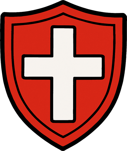 a red shield with a white cross on it.
In-Game asset.  2d.  High contrast.  No shadows