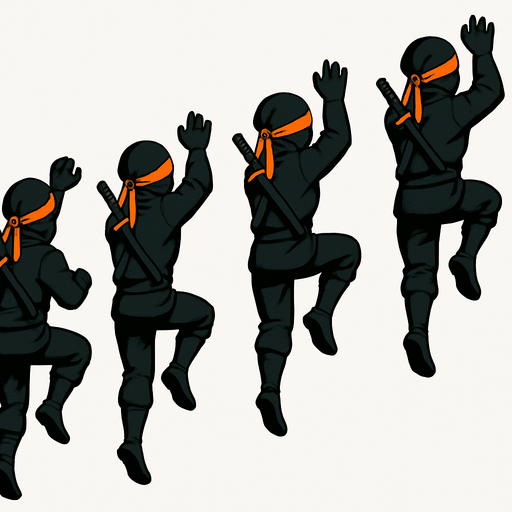 Different frames of Ninja climbing a ladder animation but without ladder, for full body of a ninja character, black color outfit, eyes bondage orange, have sword behind it. HD colors. facing the screen by its back side
In-Game asset.  2d.  High contrast.  No shadows