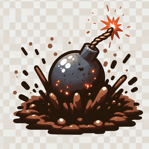 sparking bomb inside MUD HOLE.
Single Game Texture. In-Game asset. 2d. Blank background. High contrast. No shadows.