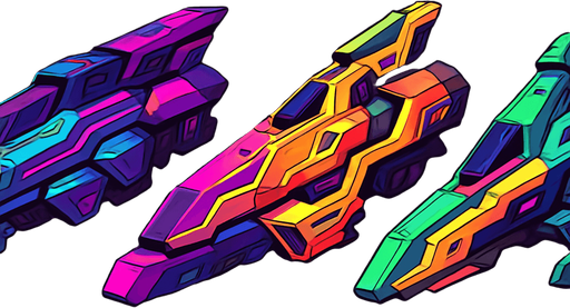 Cyber Ship assets, Cyberpunk, Abstract, Futuer, HD colors, Different colors. Horizontal. seen from a side.
In-Game asset.  2d.  High contrast.  No shadows