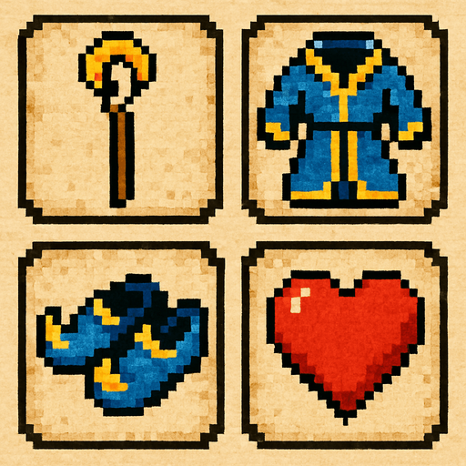 Four square cards with rounded, embossed edges with parchment texture for background. One shows an icon of wizards staff, one shows an icon of a wizards robe, one shows an icon of a pair of wizards slippers and one shows an icon of a heart. Pixelated retro video game art..
In-Game asset.  2d.  High contrast.  No shadows