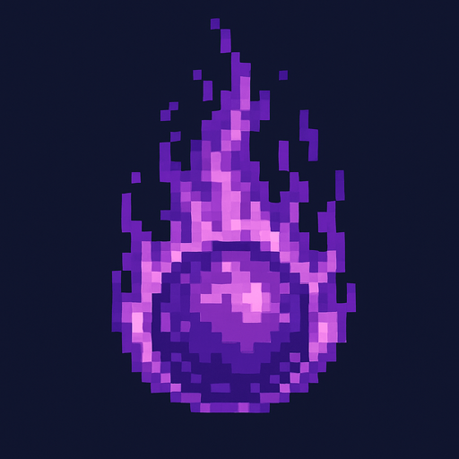 High quality 2D pixel art purple fire ball.
In-Game asset.  2d.  High contrast.  No shadows
