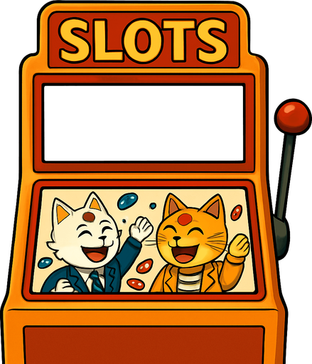 An electronic slots machine with the word Slots at the top. The section where the reels should be is a big empty rectangular window, no background. Underneath that window have a smaller graphic of the cats from this picture throwing chips into the air as a picture on the face of the slots machine. Like they’ve won a jackpot. Include the part where the buttons are, but have that part blank with no buttons. Background behind the image is white.