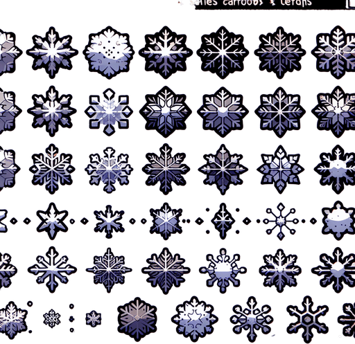 A sprite sheet of different snow flakes. Cartoon.
Single Game Texture. In-Game asset. 2d. Blank background. High contrast. No shadows.