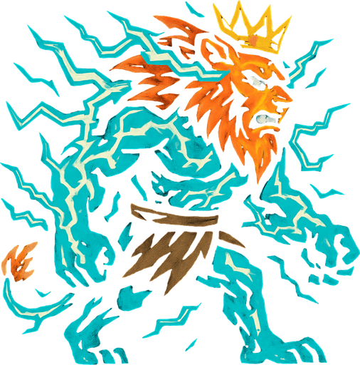 aslan ve insan karışımı yıldırımla kaplı bir canavar kralı sağdan sola yürüyen.
In-Game asset.  2d.  High contrast.  No shadows