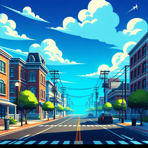 uma rua com ceu azul, fundo png.
Single Game Texture. In-Game asset. 2d. Blank background. High contrast. No shadows.