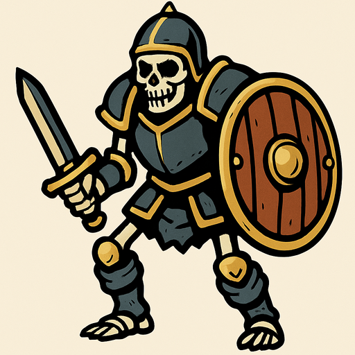 kalkanlı zırhlı iskelet.
In-Game asset.  2d.  High contrast.  No shadows