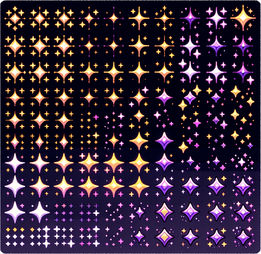 A sprite sheet of different color sparkles. Include gold and purple color.
Single Game Texture. In-Game asset. 2d. Blank background. High contrast. No shadows.