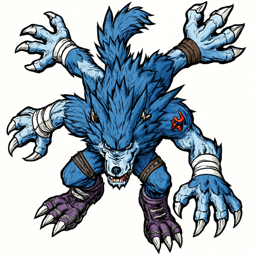 WereGarurumon, visto desde arriba, detalles muy altos, sin errores, original
In-Game asset.  2d.  High contrast.  No shadows