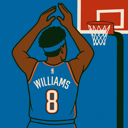 Change player to Jalen Williams in a blue thunder uniform with blue headband