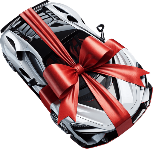 top full view luxury white sports car with a red ribbon