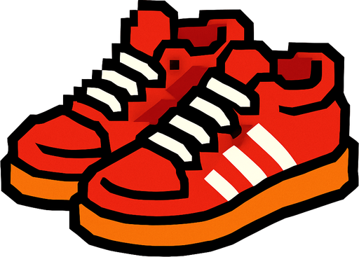 red shoes with a  2x.
In-Game asset.  2d.  High contrast.  No shadows
