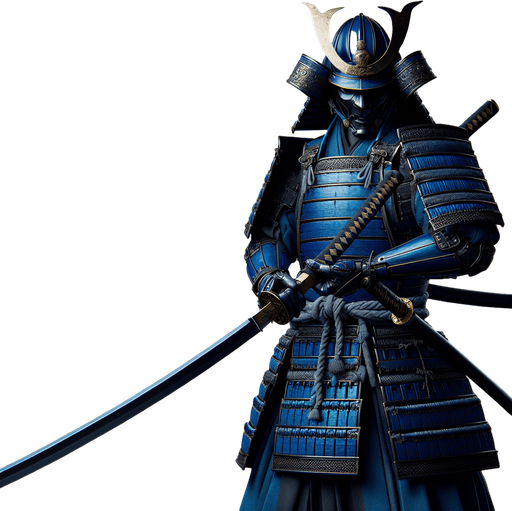 blue armored samurai with long katana.
Single Game Texture.  In-Game asset.  Blank background.  High contrast.  No shadows