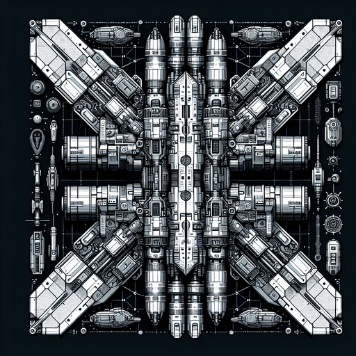 double sided space ship. symetrical.
Single Game Texture.  In-Game asset.  2d.  Blank background.  High contrast.  No shadows, color, neon