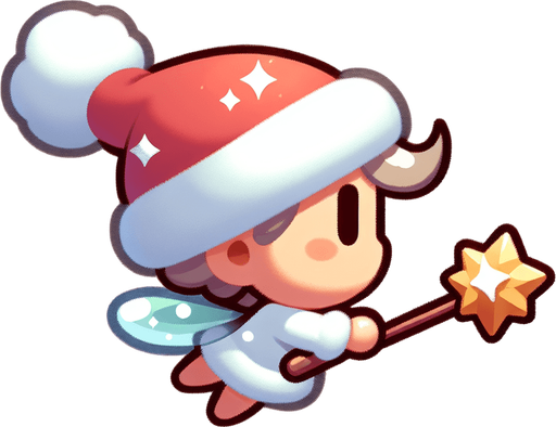 Profile view of a cute little fairy with a santa hat and a magic wand. Flying in the right direction. Single Game Texture. In-Game asset. 2d. Blank background. High contrast. No shadows.