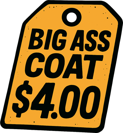 Price tag that says big ass coat $4.00.
In-Game asset.  2d.  High contrast.  No shadows