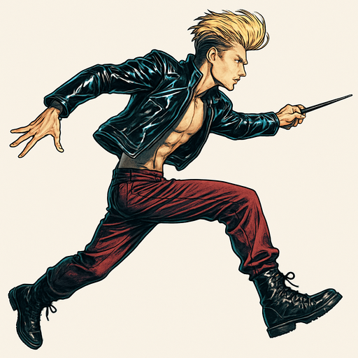 Swishy graceful man Cyberpunk manga, wand pointed straight ahead, arm extended, jump attack, side profile view attack animation, shiny black leather biker jacket longsleeves shirtless Skinny abs blonde pompadour guy, action shot wine red joggers combat boots, Background removed, "Full-body character, entirely in frame, no cropping of face, head, or feet" "Complete character visible, from head to toe, fully centered in the image" "Entire character, including face and boots, fully within the frame" Character fully contained within a square frame, no edges cut off fashion model running pose