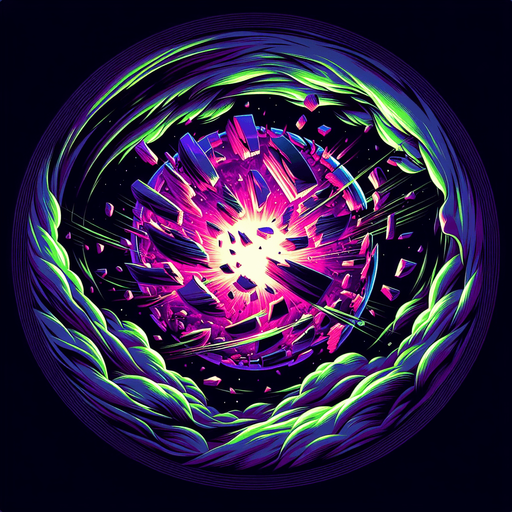 Fractured Sphere Icon:

A glowing orb breaking apart into jagged, floating shards, with chaotic energy swirling around it..
Colors: Neon purple, black, and electric green.