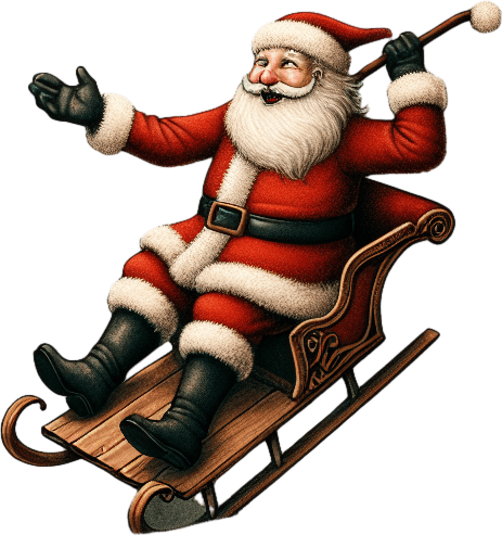 a pergament with santa on a sledge and his flying reindeers throwing a snowball to a raven. There is the text: "Its easier to hit something from above than below. Thanks to gravity."