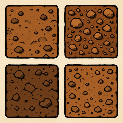 Pack of different Dirt, square.
In-Game asset.  2d.  High contrast.  No shadows