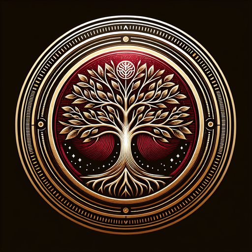 A circular emblem with a tree at its center, its branches intertwining with a glowing red lineage symbol..
Colors: Deep red, gold, and subtle white highlights.