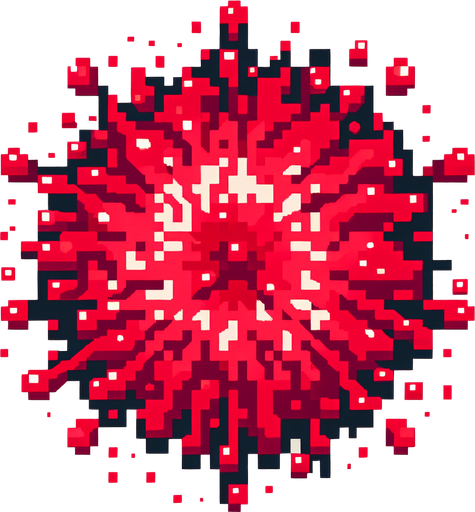 8-bit pixelated radial watermelon red juice explosion splash.
Single Game Texture. In-Game asset. 2d. Blank background. High contrast. No shadows.