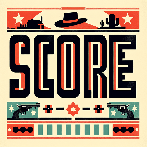 western inspired letters that spell "Score".
Single Game Texture. In-Game asset. 2d. Blank background. High contrast. No shadows.