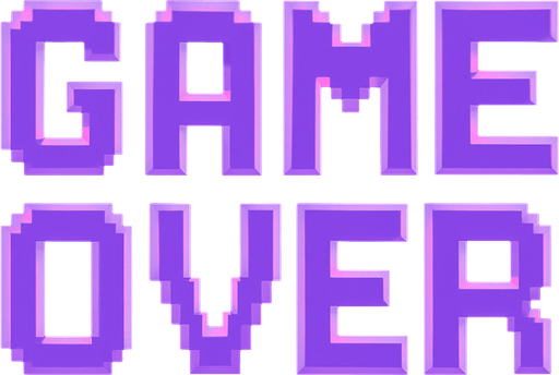 Pixel art “Game Over” text, bold retro arcade style, purple tones, glitch-free, clean and dramatic for rhythm game UI..
In-Game asset.  2d.  High contrast.  No shadows