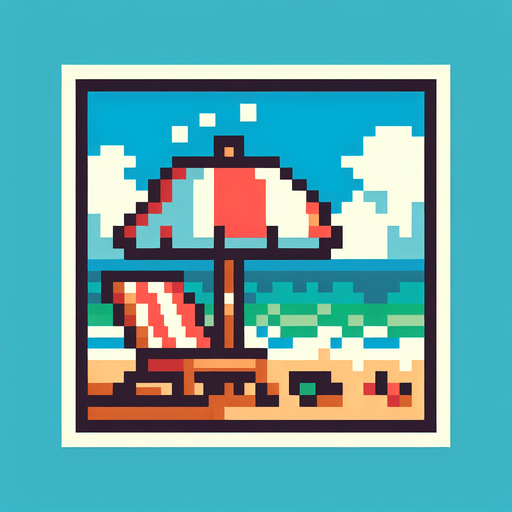 8bit. cartoon. umbrella beach..
Single Game Texture. In-Game asset. 2d. Blank background. High contrast. No shadows.