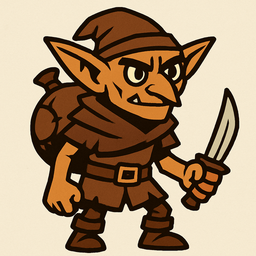 kahverengi gezgin eli bıçaklı goblin.
In-Game asset.  2d.  High contrast.  No shadows