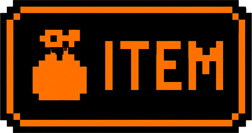 Black button with an orange outline that says "Item" and has a Bag icon, pixel art.
In-Game asset.  2d.  High contrast.  No shadows