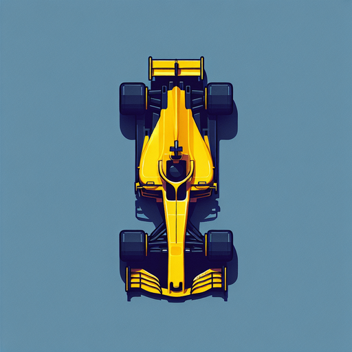 a yellow f1 race car top view.
Single Game Texture. In-Game asset. 2d. Blank background. High contrast. No shadows.