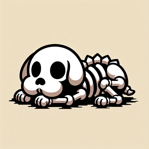 a cartoon skeleton puppy. lying down. head between paws..
Single Game Texture. In-Game asset. 2d. Blank background. High contrast. No shadows.