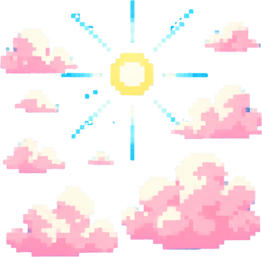 Bright day sky, cotton candy clouds, clear blue background, sun rays, cheerful mood, 2D pixel art.
In-Game asset.  2d.  High contrast.  No shadows