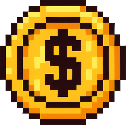 pixel bir coin, üstünde dolar($) işareti var.
In-Game asset.  2d.  High contrast.  No shadows